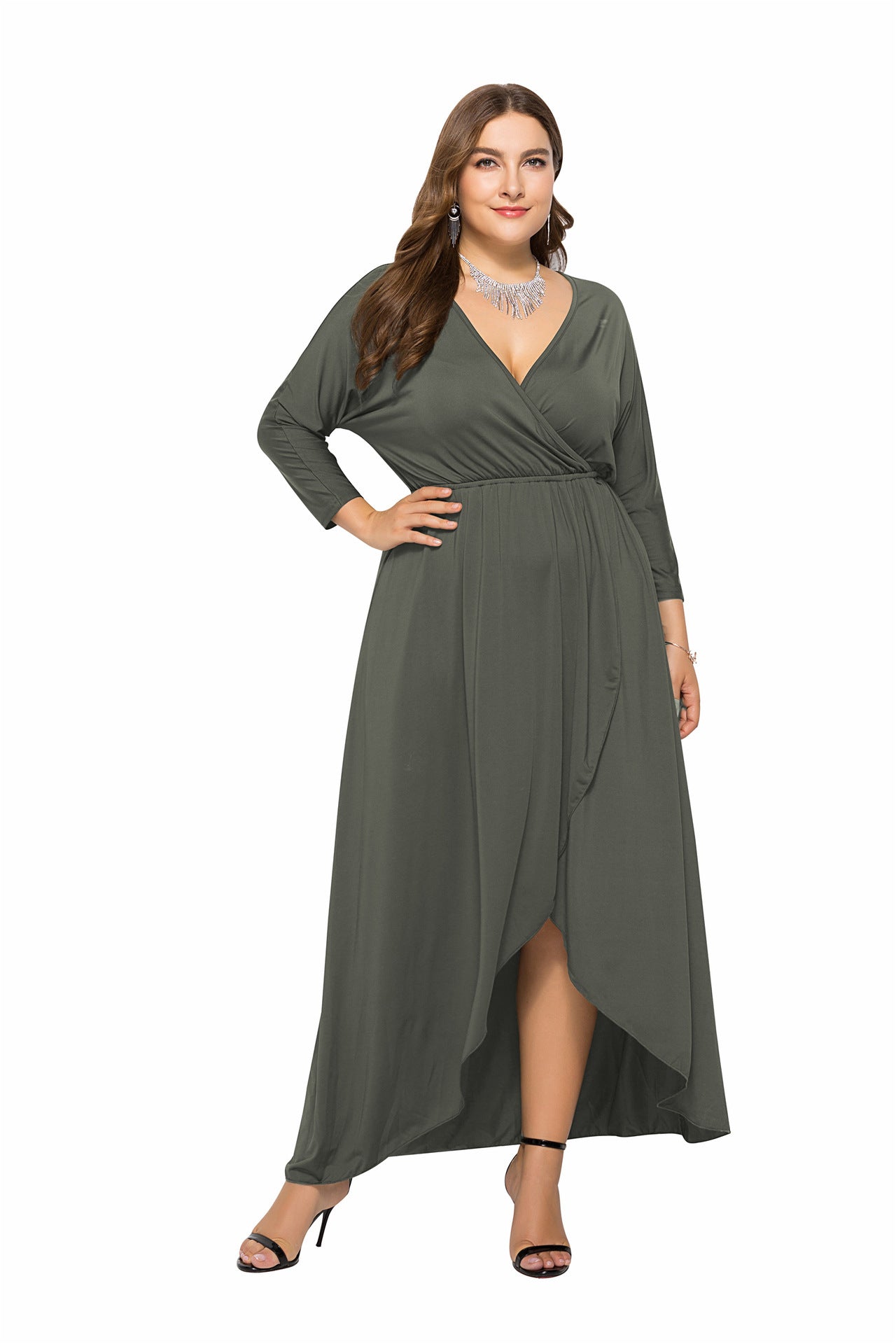 N V-neck Batwing Sleeve Large Hem Sheath Solid Color Dress