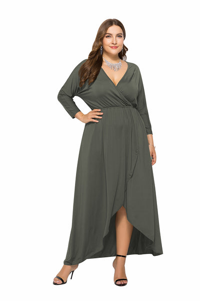 N V-neck Batwing Sleeve Large Hem Sheath Solid Color Dress