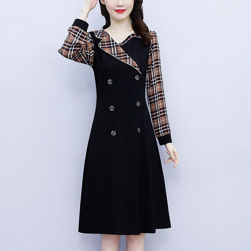 Dress Women"s Spring New Fashion Western Style Suit Collar Fat Mm Lattice Stitching Slim, Medium And Long