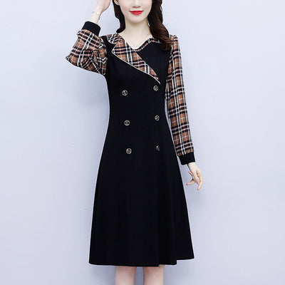 Dress Women"s Spring New Fashion Western Style Suit Collar Fat Mm Lattice Stitching Slim, Medium And Long