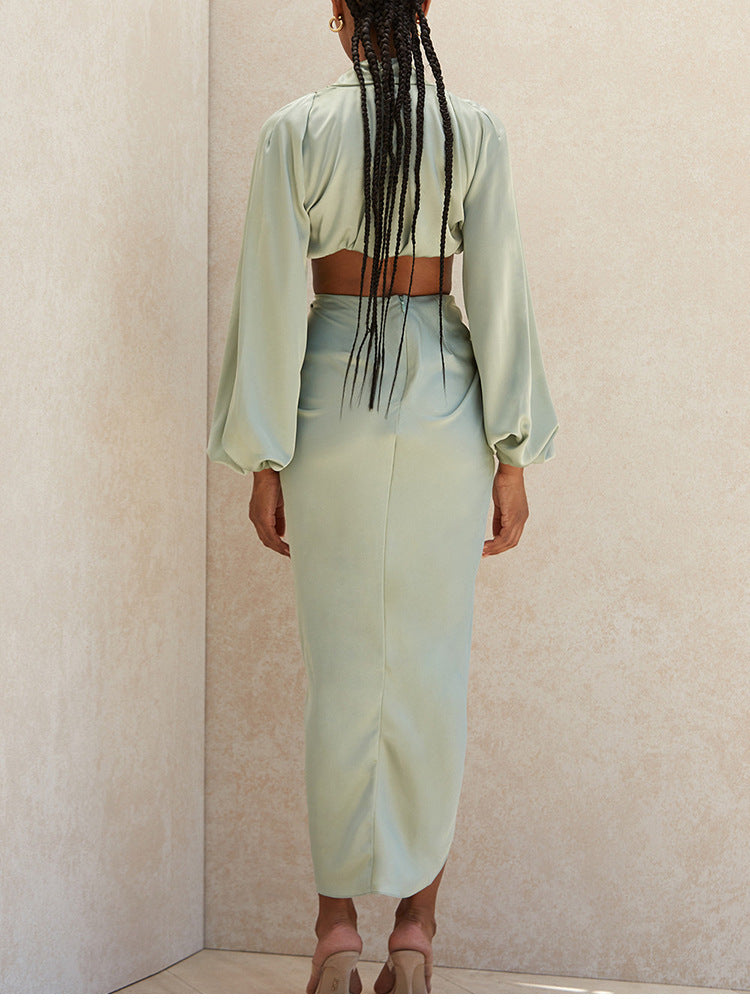 New Women''s Fashion Two Piece Satin Suit Top Split Skirt Wish