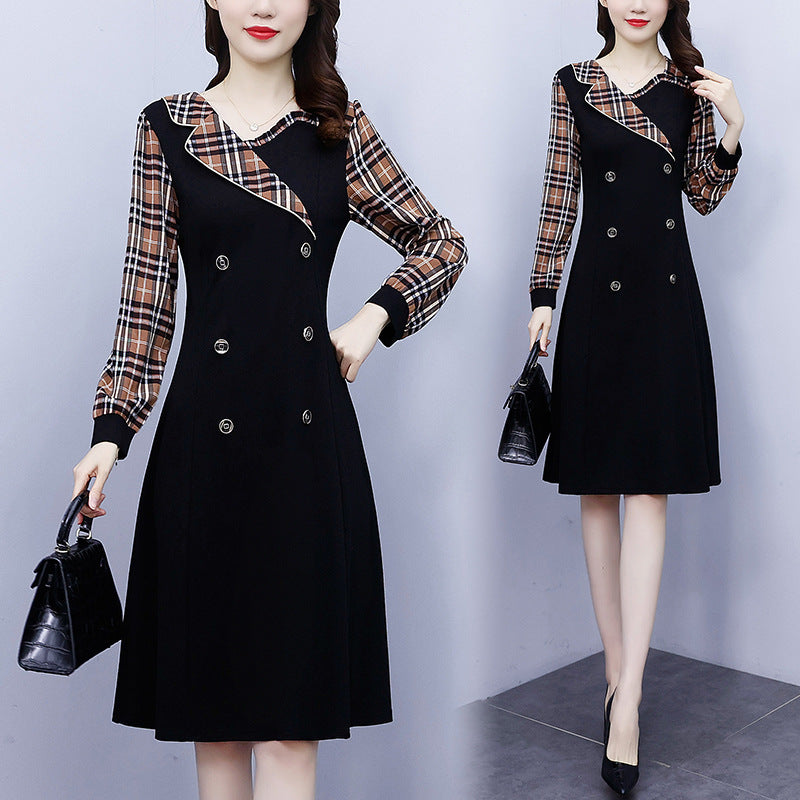 Dress Women"s Spring New Fashion Western Style Suit Collar Fat Mm Lattice Stitching Slim, Medium And Long