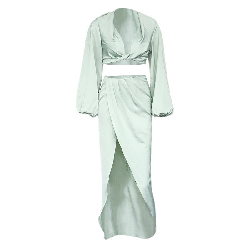 New Women''s Fashion Two Piece Satin Suit Top Split Skirt Wish